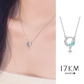 Vòng cổ Mạ Bạc 17KM Mặt Trăng Và Ngôi Sao Đính Đá Zircon Xanh 17KM