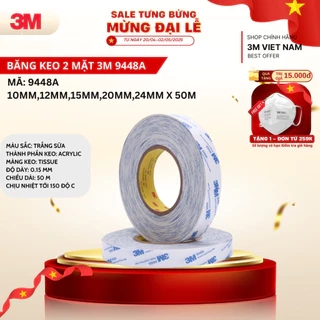 Băng keo 2 mặt mỏng 3M™ Double Coated Tissue Tape 9448A - nhiều size - Trắng xanh