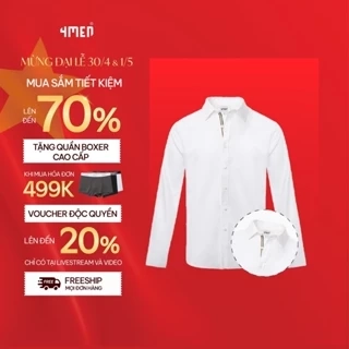 Áo Sơ Mi Nam Tay Dài Trắng 4MEN SM162 Vải Lụa Chéo Đẹp, Phối Dây Sọc Ở Nẹp, Form Slimfit Trẻ Trung Tôn Dáng
