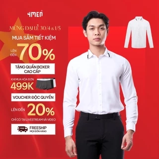 Áo Sơ Mi Nam Trắng Tay Dài Vải Lụa 4MEN SM160 Thêu 2 Sọc Lá Cổ Đẹp Trẻ Trung Tinh Tế, Form Slimfit Tôn Dáng