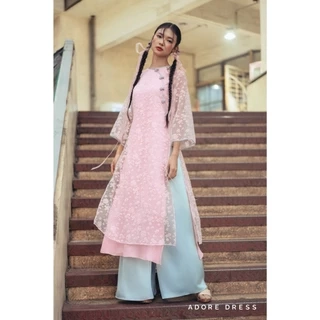 412AD1008 - Bộ áo dài nữ voan tơ hoa rơi hồng mơ phai ADORE DRESS