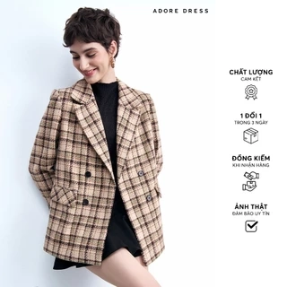 412CO2001 - Áo khoác dạ dài dạ tech karo beige cổ 2 ve ADORE DRESS