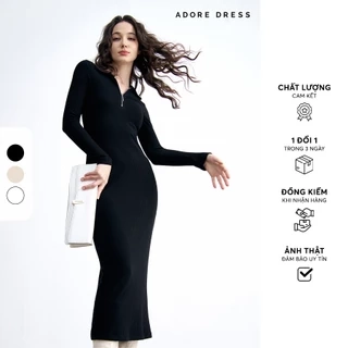 412DR9006 - Đầm len cổ polo len tăm nâu be/đen/ trắng ADORE DRESS
