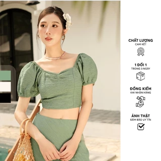 Áo kiểu crop poly gân chun lưng Đen/ Cream/ Olive Green 411TO2028 ADORE DRESS