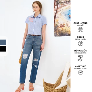 Quần Mom fit jeans casual style dark grey và blue rách gối 313JE4001 ADORE DRESS