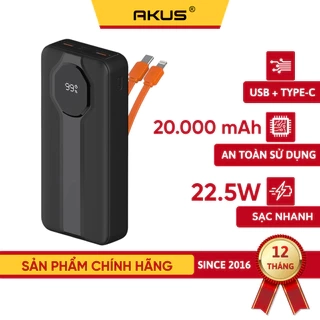 Sạc dự phòng 20000mAh AKUS A22lux Sạc nhanh 20W Type-C in/out