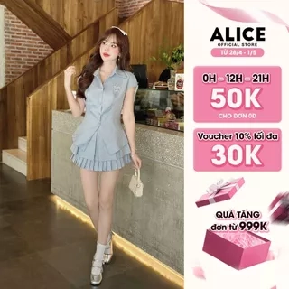 Set Áo Cổ Đức Ngắn Tay Và Chân Váy Xếp Ly ALICE Thiết Kế Chiết Eo Tôn Dáng Phong Cách Trẻ Trung S645