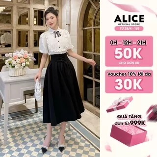 Set Áo Sơ Mi Chân Váy Dài ALICE Đồ Công Sở Tay Phồng Xếp Ly Ngực Kèm Chân Váy Cạp Cao Xòe S296
