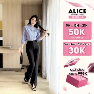 Set Áo Sơ Mi Kẻ Lệch Vai Dài Tay Và Quần Ống Loe Chất Umi Alice Áo Xanh Chất Thô Thanh Lịch Công Sở S717