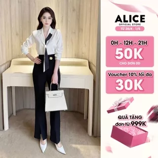 Set Công Sở Thanh Lịch Alice, Áo Sơ Mi Cổ Phối Buộc Vạt Chất Lụa Hàn Phối Quần Ống Loe Chất Mango Đính Tag Eo S849