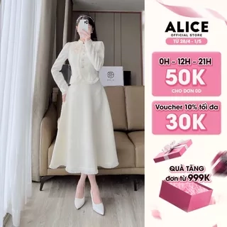 Set Dạ Mềm Lót Lụa Cao Cấp ALICE Kèm Chân Váy Xoè, Thiết Kế Hoa Cài Ngực Thanh Lịch, Sang Trọng S253