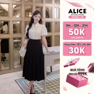 Set Đồ Công Sở Áo Sơ Mi Cổ Đức Kèm Chân Váy Dáng Dài ALICE Thiết Kế Tay Bồng Xếp Li Ngực S675