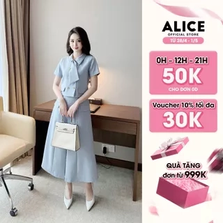 Set Váy Công Sở Thanh Lịch Alice Chất Tuytsi, Áo Ngắn Tay Cổ Sơ Mi Phối Vạt Kèm Chân Váy Dài Xếp Ly S845
