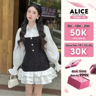 Set Váy Dạ Tiểu Thư ALICE Set Dạ Tweed Thiết Kế Áo Sơ Mi Tay Bo Chun Kèm Yếm Dạ Bèo Tầng, Set Yếm Dạ Váy Dài Tay S430