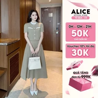 Set Váy Nữ Công Sở Cao Cấp Alice Chất Chéo Rubi Lót Lụa Áo Ngắn Tay Cổ Tàu Thanh Lịch Phối Chân Váy Xếp Ly Lệch Vạt S844