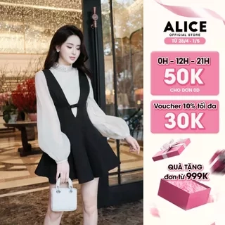 Set Váy Nữ Tiểu Thư Alice, Váy Yếm Ôm Eo Chất Chéo Rubi Dáng Xòe Ngắn Phối Áo Tơ Xốp Cổ Đính Đá Tay Bồng S831
