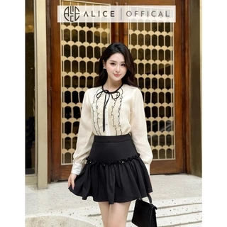 Set Váy Nữ Tiểu Thư Chất Tơ Crep Mềm Mại Alice, Áo Dài Tay Bồng Nhẹ Cổ Phối Bèo Dọc Kèm Chân Váy Chéo Rubi S788
