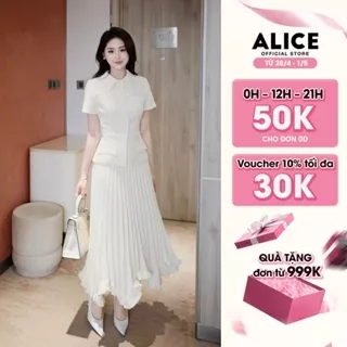 Set Váy Thanh Lịch Chất Chéo Hàn Alice, Áo Ngắn Tay Cổ Sơ Mi Có Túi Dáng Ôm Eo Phối Chân Váy Dập Ly Quạy Kéo Khóa S851