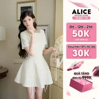 Váy Đầm Tiểu Thư Tay Ngắn Dáng Xòe Alice Cổ Xích Đính Đá Chất Liệu Chéo Rubi Có Chiết Eo V1260 Đính Nơ Chân Váy