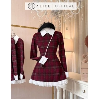 Váy Nữ Chất Dạ Kẻ Đỏ Ép Alice, Váy Dáng Ngắn Phối Thô, Cổ Sơ Mi, Tay Áo Dài Phù Hợp Đi Chơi, Dạo Phố V1299