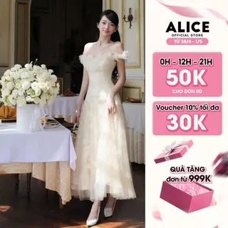 Váy Ren Tiểu Thư Trễ Vai Đính Hoa Nổi Phối Lưới Xòe Bồng ALICE Phong Cách Điệu Đà, Nhẹ Nhàng V1244