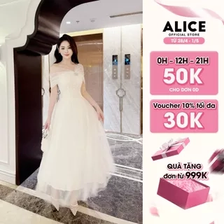 Váy Trễ Vai Dự Tiệc Alice, Đầm Lưới Phối Ren Dáng Maxi Ôm Eo, Váy Đính Đá Nổi Có Lót Xòe Bồng, Phù Hợp Đi Sự Kiện T40