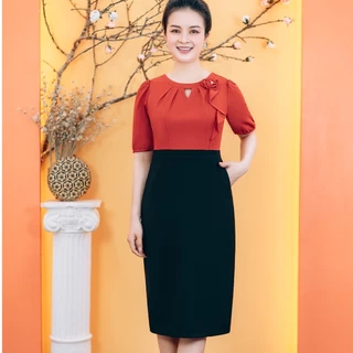 Đầm body - Cổ tròn khoét V kết hoa tay ngắn - Màu Đen cam - TTV Store thời trang nữ TTV1760