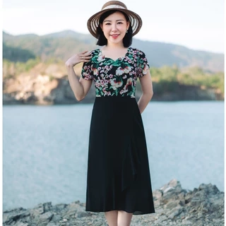 Đầm form A - Cổ sóng nước tay búp - Đen hoa - TTV Store thời trang nữ TTV1869
