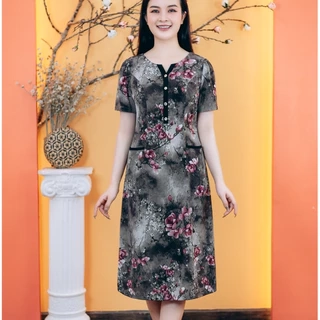 Đầm suông - Cổ tròn khoét V kết nút tay ngắn - Xám hoa - TTV Store thời trang nữ TTV1764