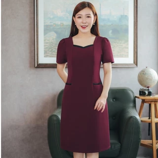 Đầm suông trung niên Cổ vuông tim tay ngắn màu Đỏ mận TTV Store thời trang nữ TTV1589