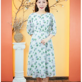 Đầm xòe trung niên Cổ tròn khoét V tay lỡ màu Xanh hoa TTV Store thời trang nữ TTV1632