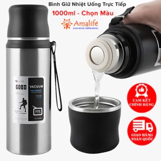 Bình Phích Inox Giữ Nhiệt Nóng Lạnh Good 1000ml Có Nút Nhấn Uống Luôn Có Quai Đeo, Cốc Uống Chính Hãng Amalife