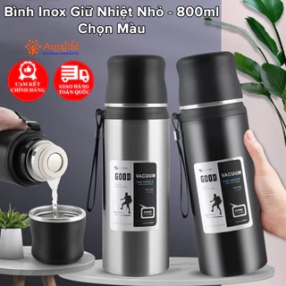 Bình Inox Giữ Nhiệt Nóng Lạnh Nhỏ 800ml Có Nút Nhấn Uống Luôn Có Cốc, Quai Tiện Dụng Chọn Màu Chính Hãng Amalife