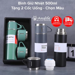 Bình Giữ Nhiệt 500ml Tặng Kèm 2 Cốc – Chọn Màu – Có Nút Nhấn Uống Trực Tiếp Kèm Hộp Quà Tặng Sang Trọng Hãng Amalife