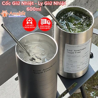 Bình Đựng Nước Giữ Nhiệt Inox Iced Americano Có Ống Hút Dung Tích 600ml, Cốc Ly Giữ Nhiệt Cà Phê Văn Phòng Hãng Amalife