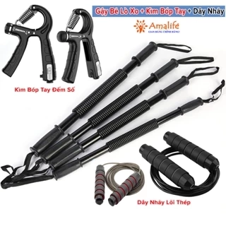 Combo 3 Món Gậy Bẻ Lò Xo + Kìm Bóp Tay Đếm Số ECO + Dây Nhảy Lõi Thép Kháng Lực 20kg 30kg 40kg 50kg 60kg Hãng Amalife