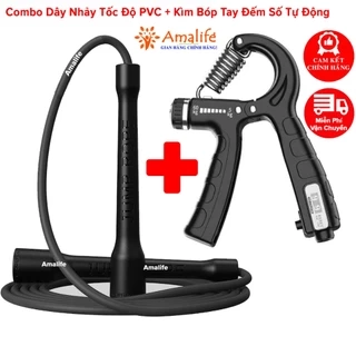 Combo Dây Nhảy Tốc Độ PVC Dày 6mm Dài 3m + Kìm Bóp Tay Đếm Số Tự Động Kháng Lực 5 - 60kg Chính Hãng Amalife