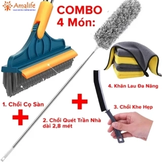 Combo Dọn Nhà 4 Món : Chổi Chà Cọ Nhà Vệ Sinh + Chổi Quét Trần Nhà + Bàn Chải Khe Hở Góc Cạnh + Khăn Lau Đa Năng Amalife