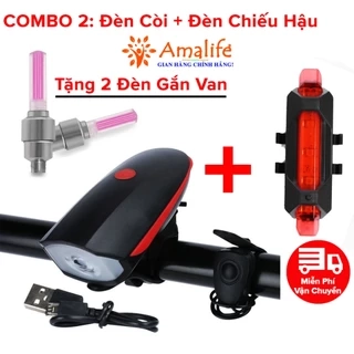 Combo Đèn Xe Đạp Thể Thao Siêu Sáng Có Còi Pin Sạc Chống Nước + Đèn Chiếu Hậu Cảnh Báo H02 TẶNG 2 ĐÈN GẮN VAN XE Amalife