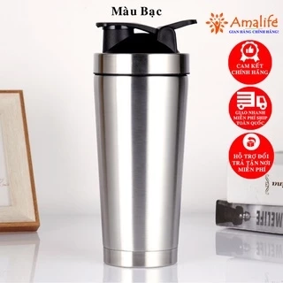 Bình Lắc Shaker Đựng Nước Giữ Nhiệt Inox 800ml, Bình Tập Gym Thể Thao Chính Hãng Amalife Kèm Bóng Lò Xo Lắc