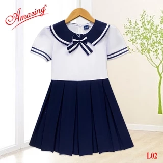 Áo đầm bé gái tiểu học, cổ viền phối xanh lính thuỷ cute, tùng váy xéo và xếp ly, bigsize tới 65kg