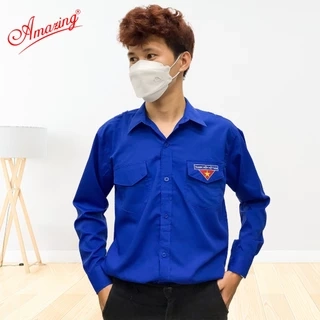 Áo sơ mi đoàn viên nam, đồng phục thanh niên Việt Nam thêu cờ đỏ sao vàng, 2 túi có nắp và cầu vai