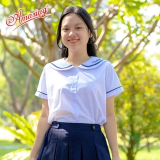 Áo trắng cho bé gái đi học, cổ lá sen viền xanh cao cấp, big size đến 70kg
