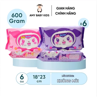 6 Gói Gói Khăn Giấy Ướt 600Gr Amy Kids Không Mùi An Toàn Cho Bé Gói Hồng & Tím