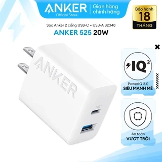 Bộ Sạc Anker Công Suất 20W 2 Cổng- 1 Cổng USB & 1 Cổng USB-C Kèm Cáp USB-C to USB-C 1.5M - B2348