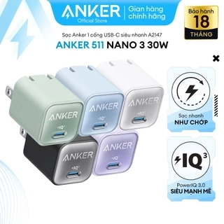 Sạc ANKER 511 Nano 3 30W 1 cổng USB-C PiQ 3.0 tương thích PD - A2147 - Hỗ trợ sạc nhanh từ iPhone 8 series trở lên.