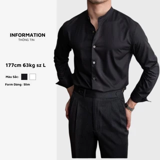 Áo sơ mi nam đen trắng cổ trụ tàu vải lụa kate Hàn mềm mịn thương hiệu thời trang BAETON -S05