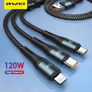 Cáp sạc nhanh Awei CL-972 3 trong 1USB sang M + C + L Type C Sạc siêu nhanh 120W 1.2M Nylon Bradied