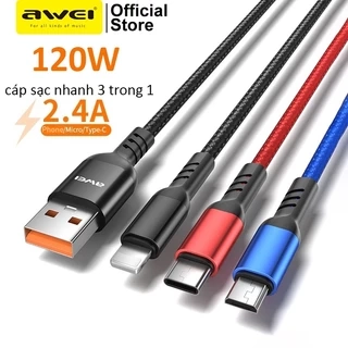 Dây Sạc 3 đầu sạc nhanh Awei CL-971 120W Dây Sạc Đa Năng 1m dây sạc type c iP Micro