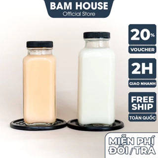 Chai thuỷ tinh vuông Bam House dung tích 250ml 350ml nắp nhựa đen cao cấp CSV05